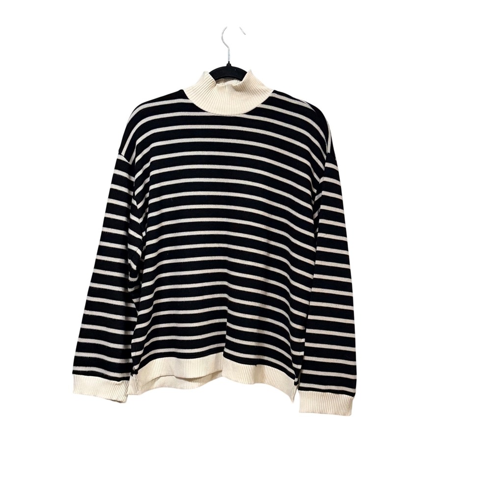 Zara Womens Black White Striped Mock Neck Knit Sweater Size Large Relaxed Fit